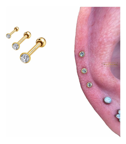 Piercing Orelha Helix Tragus Flat Kit 3 Un Dourado